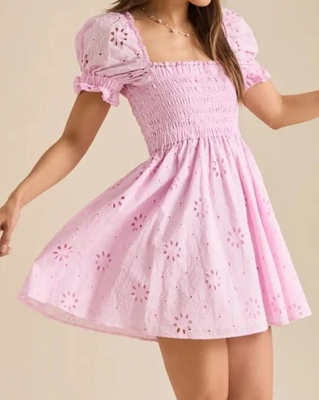 Eyelet Puff Sleeve Smocked Mini Dress