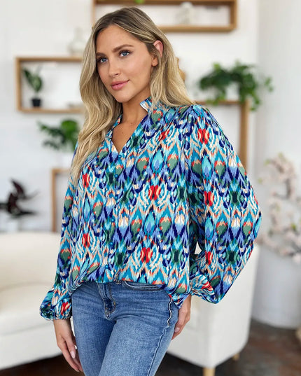 Double Take Full Size Printed Balloon Sleeve Blouse