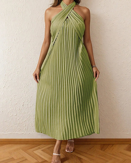 Pleated Halter Neck Midi Dress Matcha Green