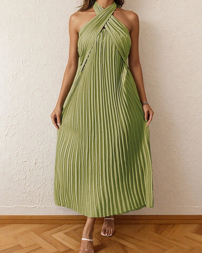 Pleated Halter Neck Midi Dress Matcha Green