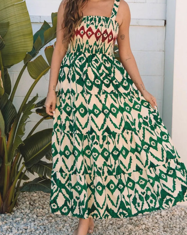 Western Aztec Shirred A-line Sleeveless Maxi Dress