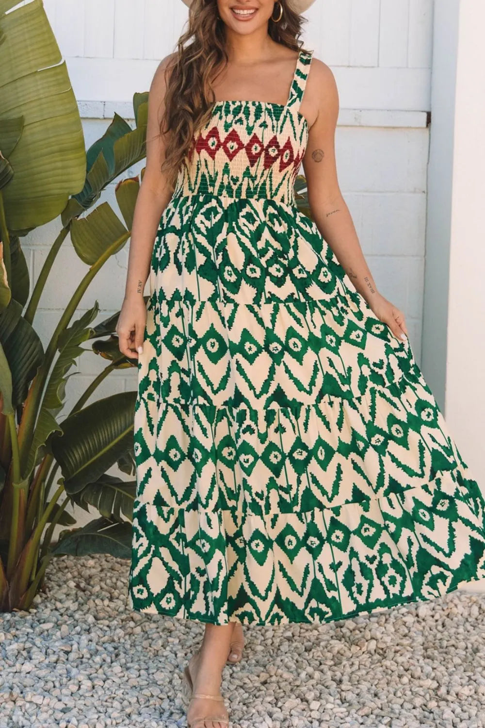 Western Aztec Shirred A-line Sleeveless Maxi Dress