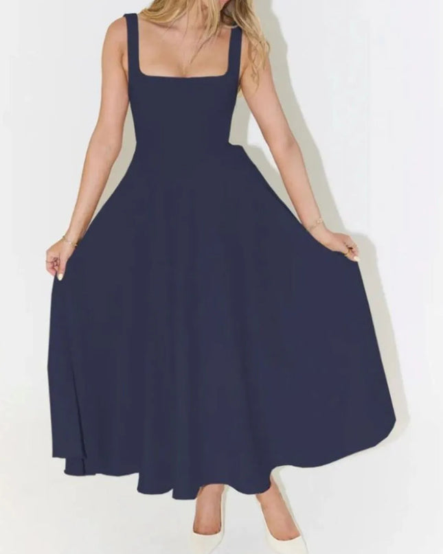 Square Neck Sleeveless Midi Dress Navy Blue