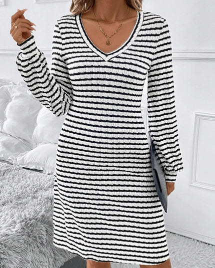 Striped V-Neck Long Sleeve Dress