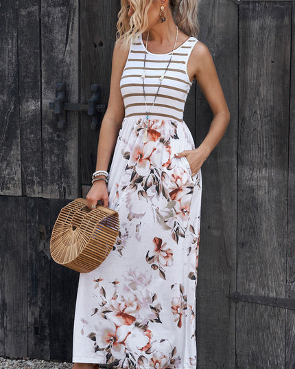 Striped Floral Round Neck Sleeveless Maxi Dress