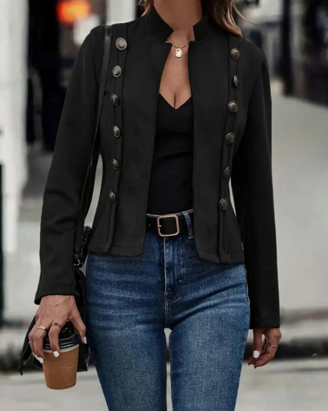 Decorative Button Open Front Long Sleeve Jacket Black