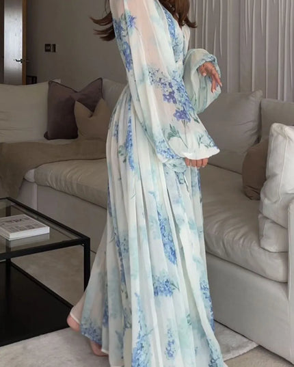Floral Print Bohemian Maxi Dress with Balloon Sleeves 