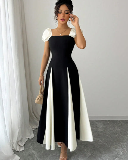Contrast Puff Sleeve Midi Dress