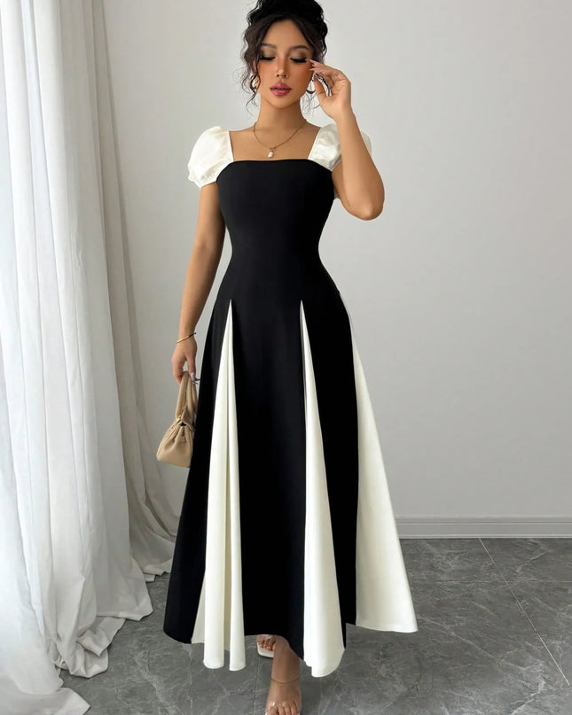 Contrast Puff Sleeve Midi Dress