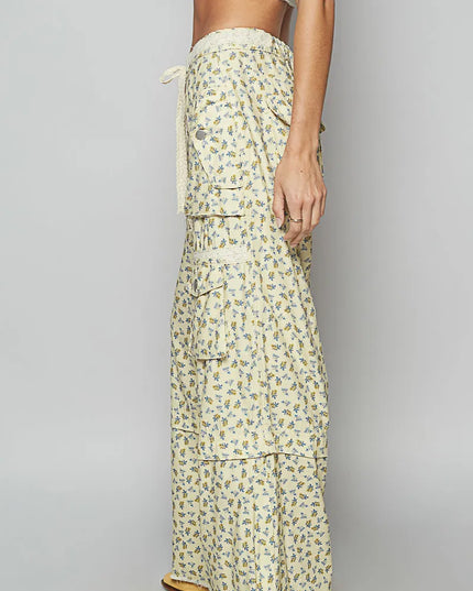 POL Floral Cargo Wide Leg Pants with Lace Drawstring