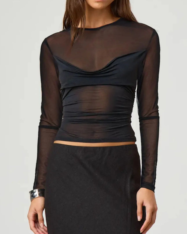 Ruched Mesh Long Sleeve Top Black