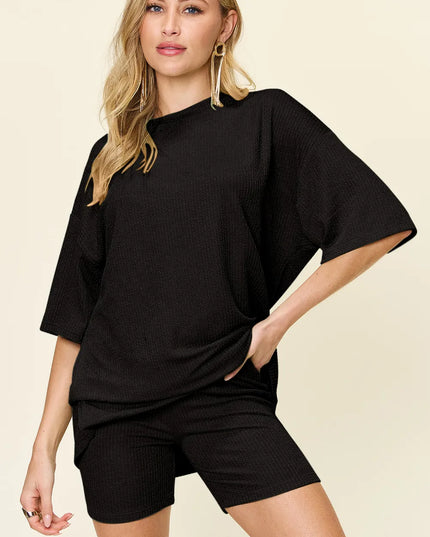Double Take Full Size Texture Round Neck Drop Shoulder T-Shirt and Shorts Set 