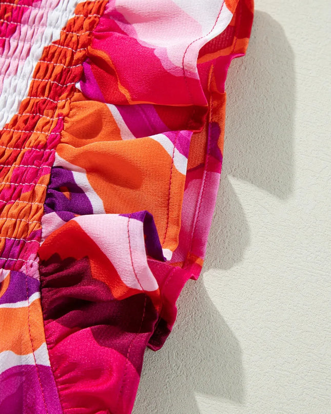 Abstract Print Shirred Yoke Ruffled Blouse