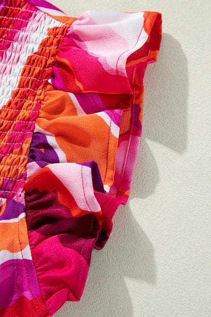 Abstract Print Shirred Yoke Ruffled Blouse