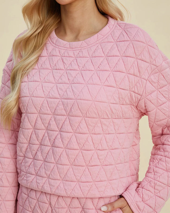 Double Take Full Size Texture Round Neck Long Sleeve Top and Shorts Set