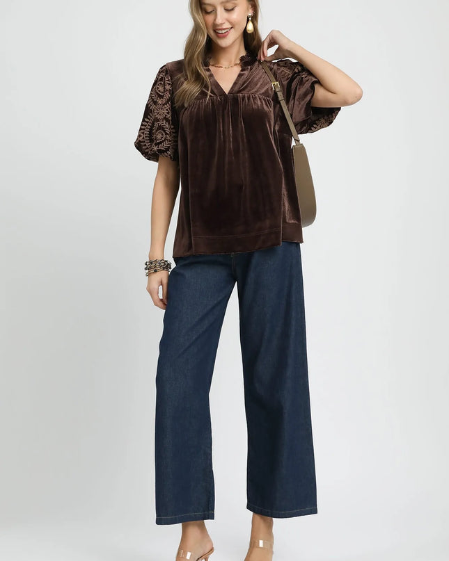 Umgee Full Size Velvet Embroidered Sleeve Blouse Plus Size