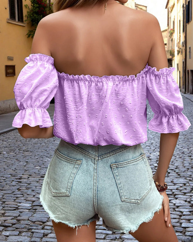 Off-Shoulder Swiss Dot Blouse with Tie Front Detail