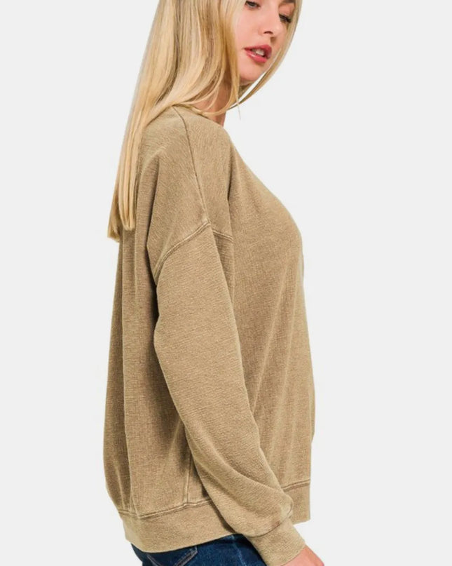 Zenana Washed Round Neck Dropped Shoulder Sweatshirt