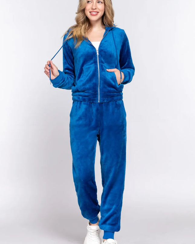 ACTIVE BASIC Faux Fur Zip Up Long Sleeve Hoodie and Joggers Set