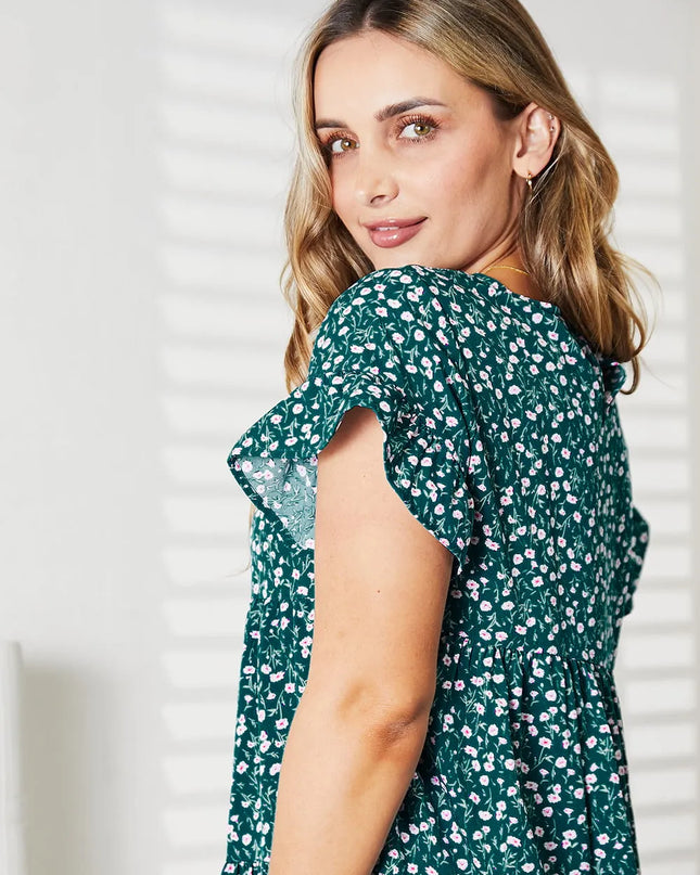 Double Take Short Flounce Sleeve Tiered Dress