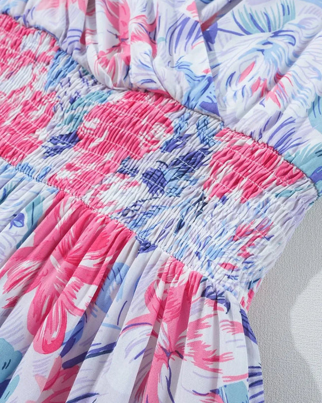 Floral Spaghetti Strap Surplice Neck Shirred Waist Mini Dress