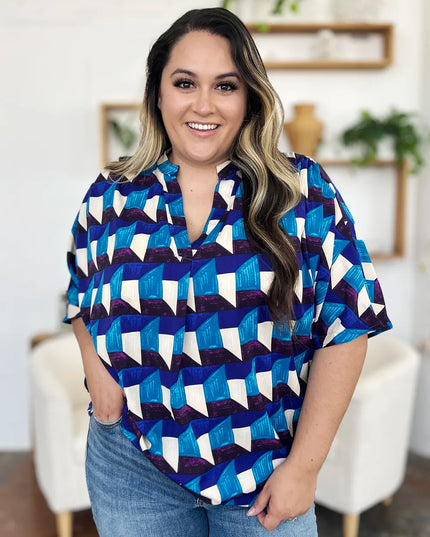 Double Take Full Size Geometric Notched Half Sleeve Blouse