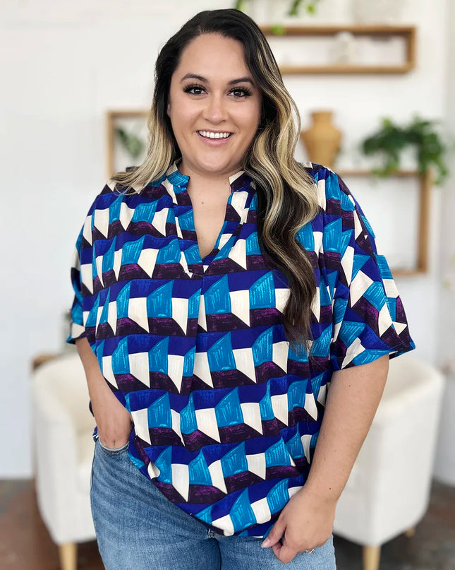 Double Take Full Size Geometric Notched Half Sleeve Blouse