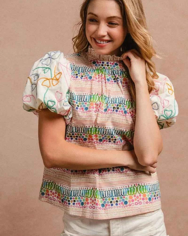 BiBi Ruffle Neckline Blouse With Embroidery Bubble Sleeve