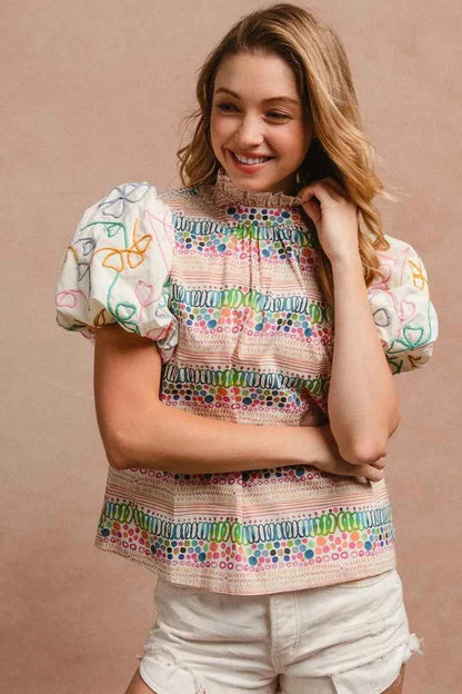 BiBi Ruffle Neckline Blouse With Embroidery Bubble Sleeve