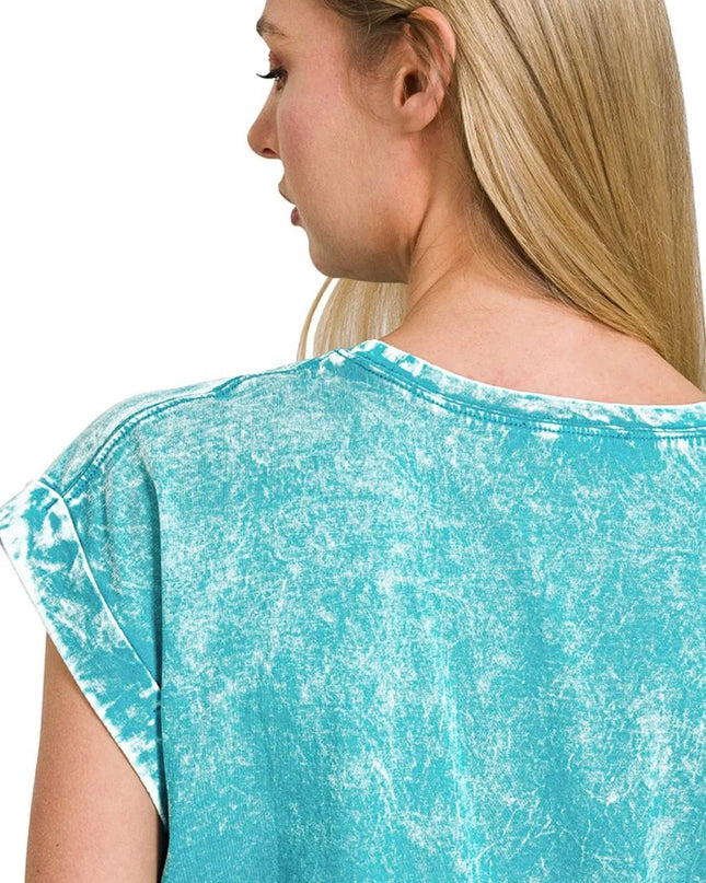 Zenana Crinkle Washed Round Neck Folded Short Sleeve Tee 