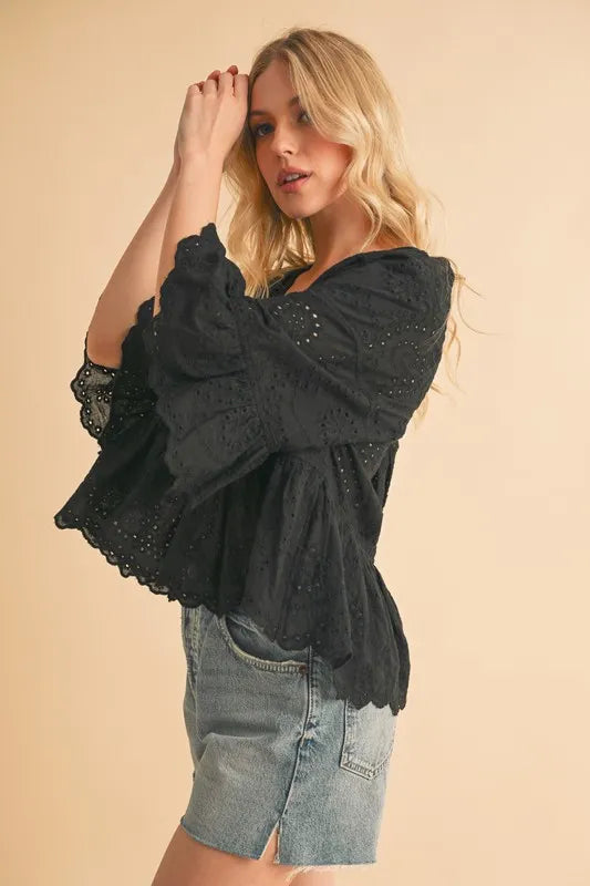 Aemi+Co Flounce Sleeve Eyelet Peplum Top