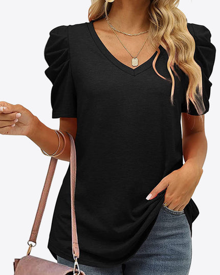 V-Neck Puff Sleeve Tee Black