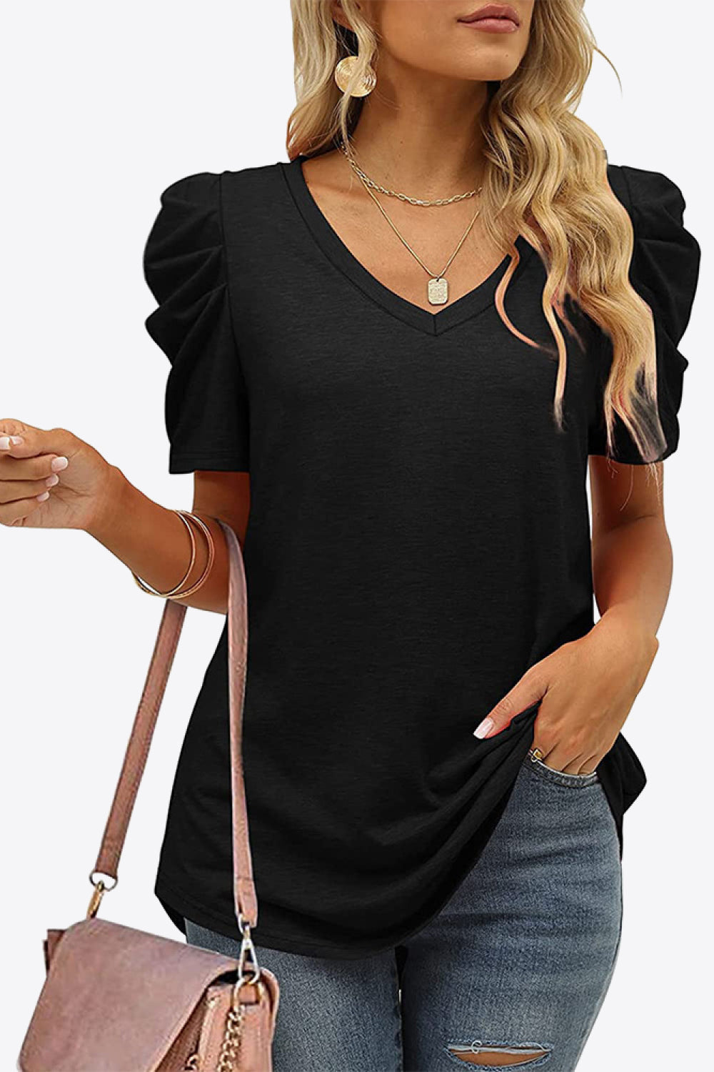 V-Neck Puff Sleeve Tee Black