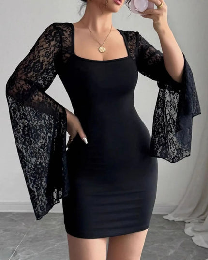 Square Neck Lace Bell Sleeve Bodycon Dress