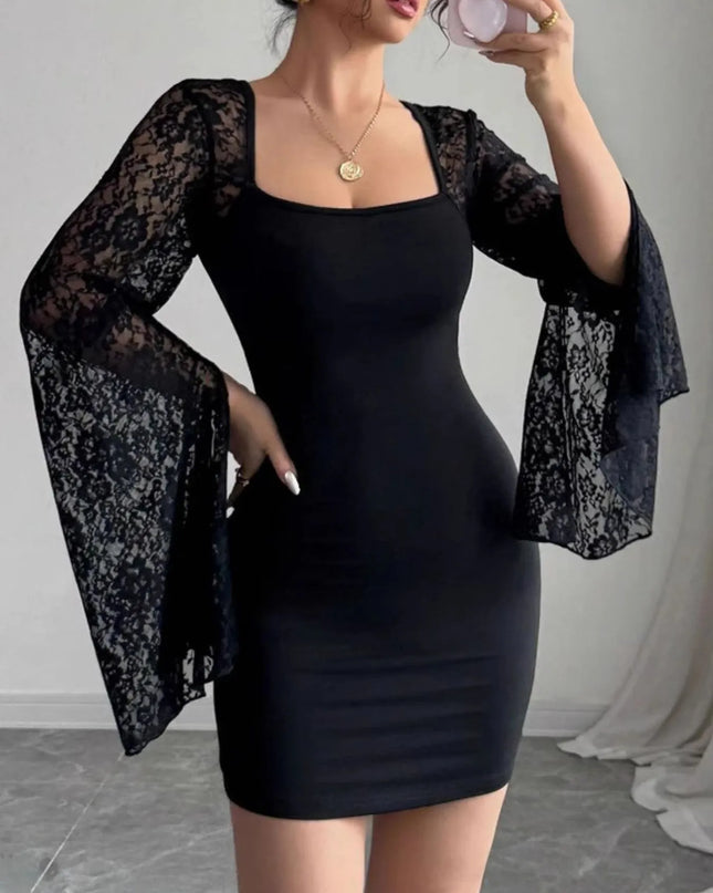 Square Neck Lace Bell Sleeve Bodycon Dress