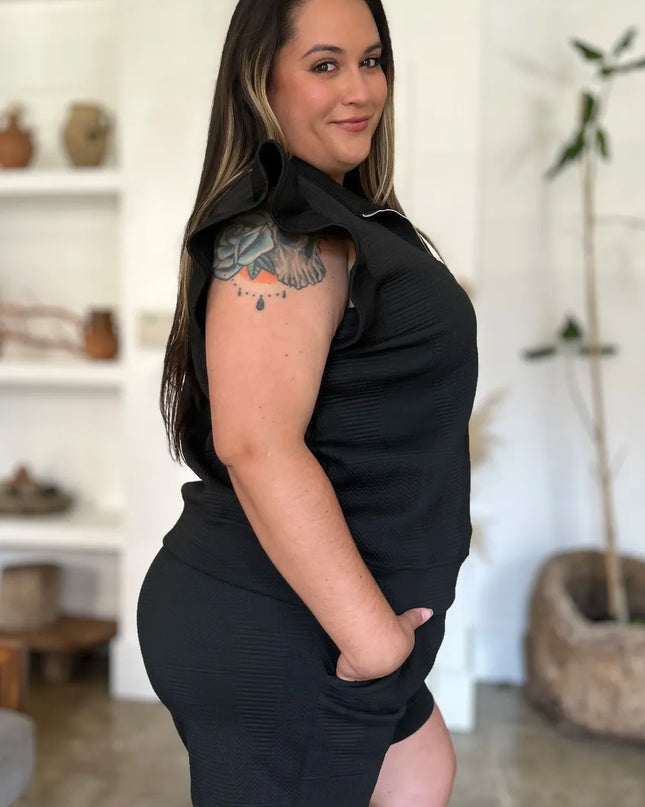 Double Take Full Size Texture Flounce Sleeve Top and Shorts Set