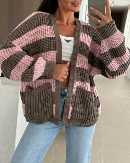 Striped Open Front Long Sleeve Cardigan