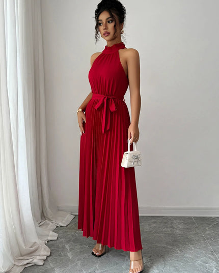 Pleated Halter Neck Tie Waist Maxi Dress