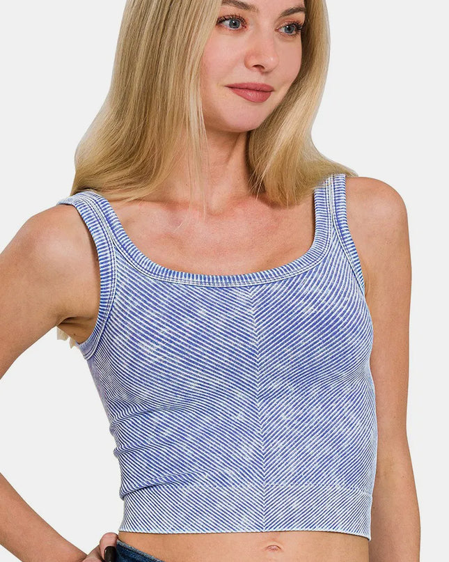 Zenana Washed Ribbed Scoop Neck Wide Strap Tank Lt Indigo