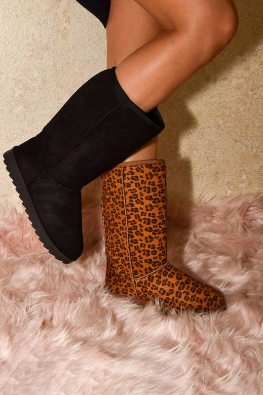 WILD DIVA Leopard Suede Round Toe Boots Leopard