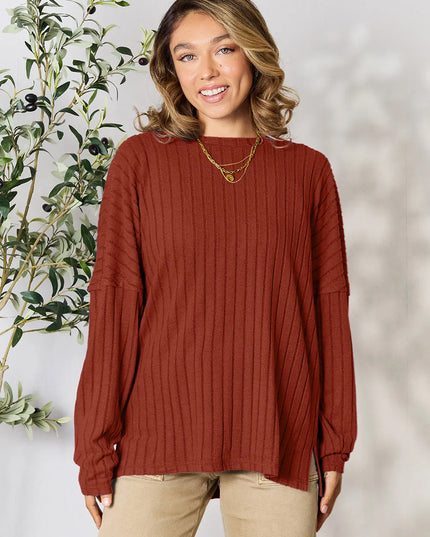 Basic Bae Full Size Ribbed Round Neck Slit Knit Top Rust