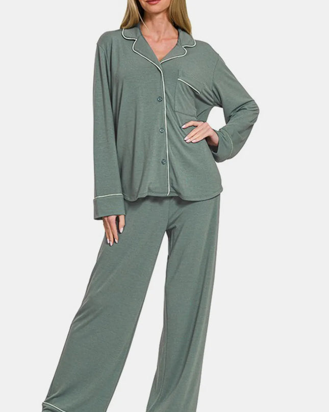 Zenana Button Down Long Sleeve Top and Pants Lounge Set Sage