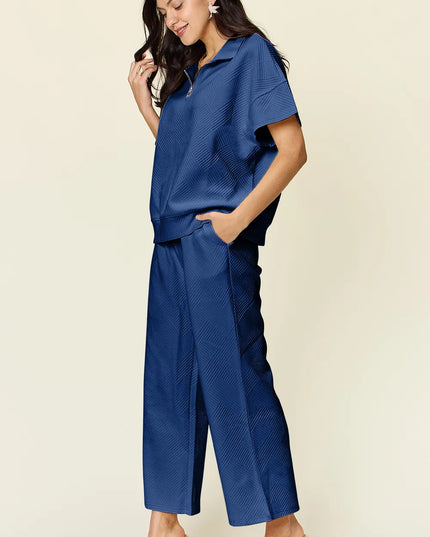 Double Take Full Size Texture Half Zip Short Sleeve Top and Pants Set