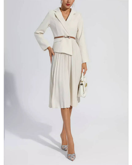DR056Y Women Blazer Pleated Dress with Genius Leatther Belt