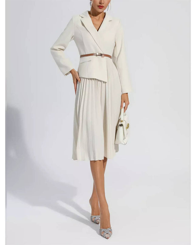 DR056Y Women Blazer Pleated Dress with Genius Leatther Belt