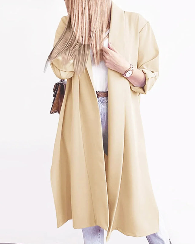 Slit Open Front Roll-Tab Sleeve Trench Coat 