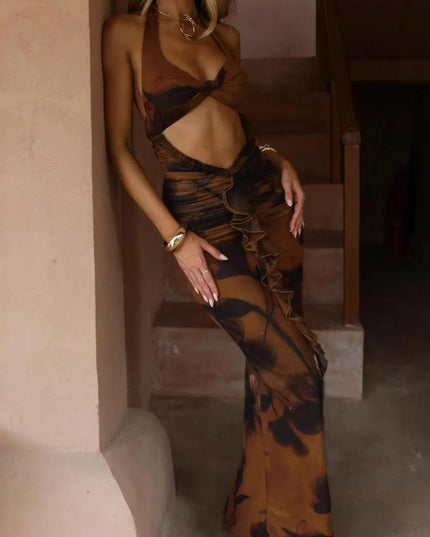 Cutout Printed Halter Neck Maxi Dress Coffee Brown