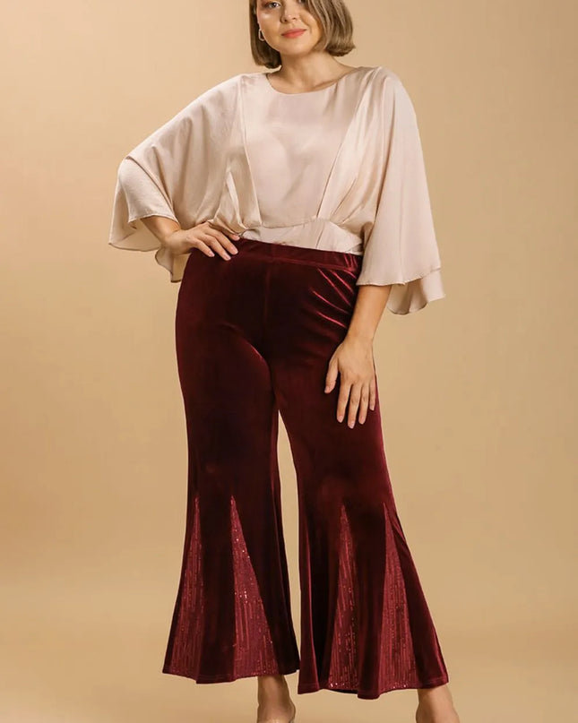 Umgee Full Size Sequin Elastic Waist Velvet Stretch Flare Leg Pants Plus Size