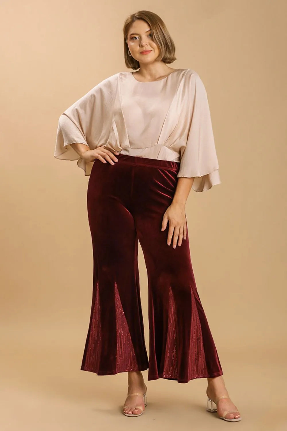 Umgee Full Size Sequin Elastic Waist Velvet Stretch Flare Leg Pants Plus Size