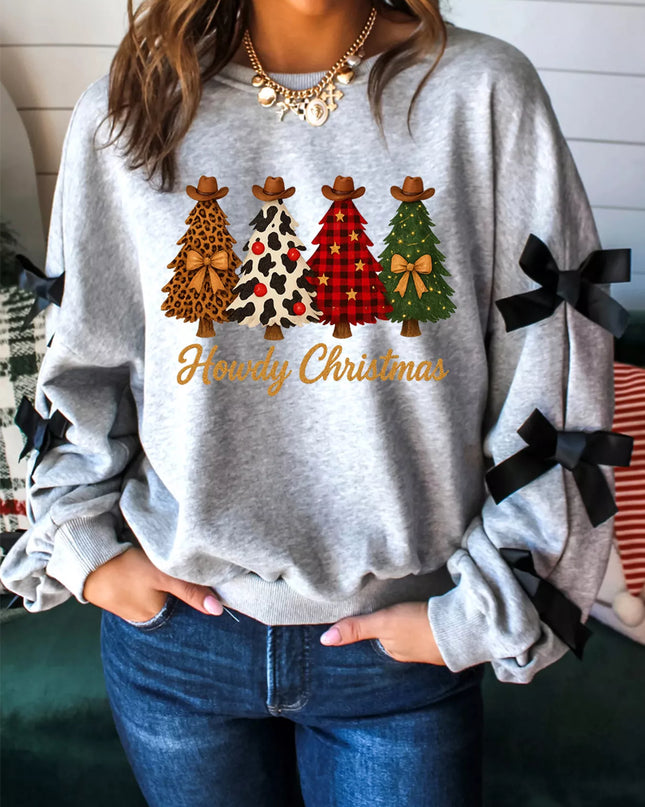 Howdy Christmas 4 Trees Ribbon Bow Decor Sweatshirt Light Gray